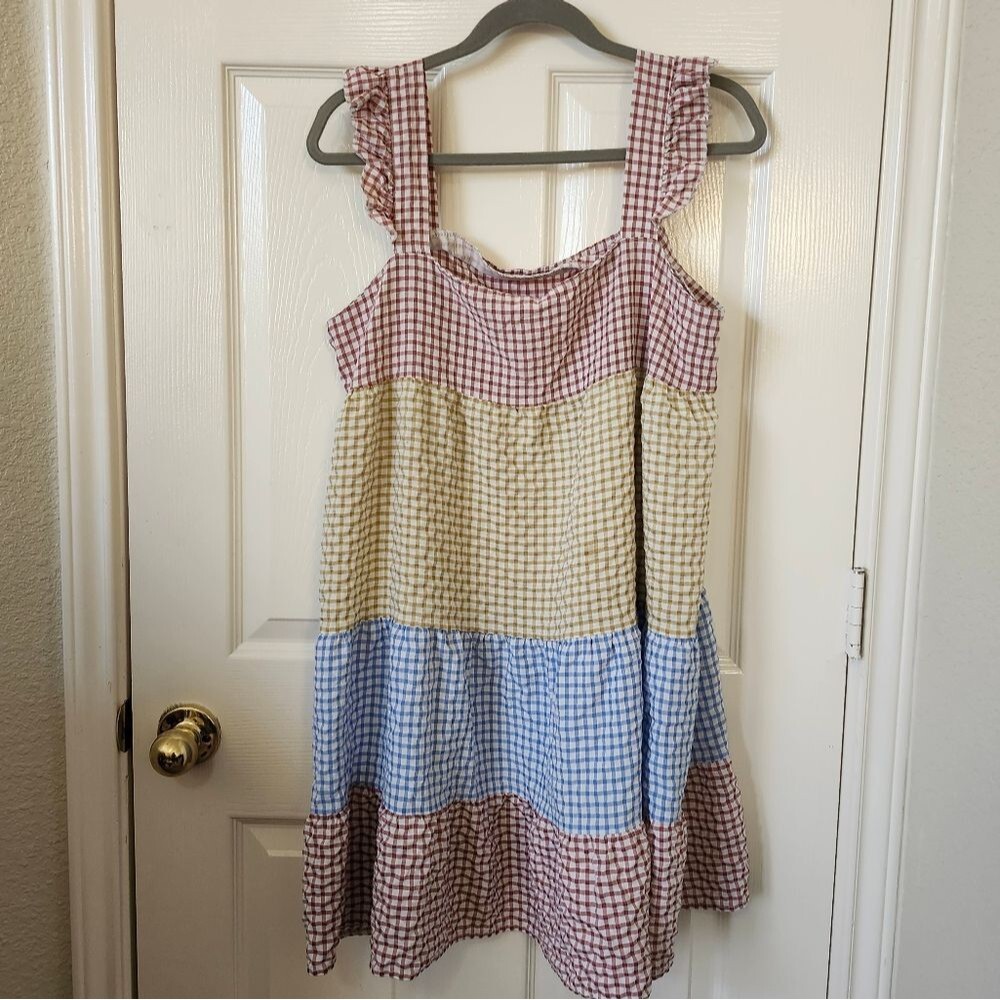 Boutique Gingham Blue Yellow Brown Plaid Ruffle Tiered Mini Dress XL - Picture 7 of 9